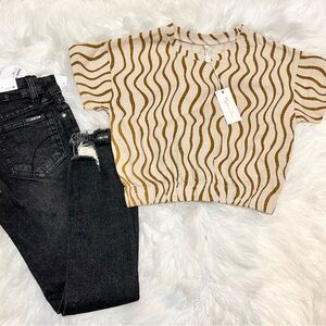 Rylee + Cru Wavy Patterned Crop Top and Joe’s Distressed Stretchy Black Jean Set